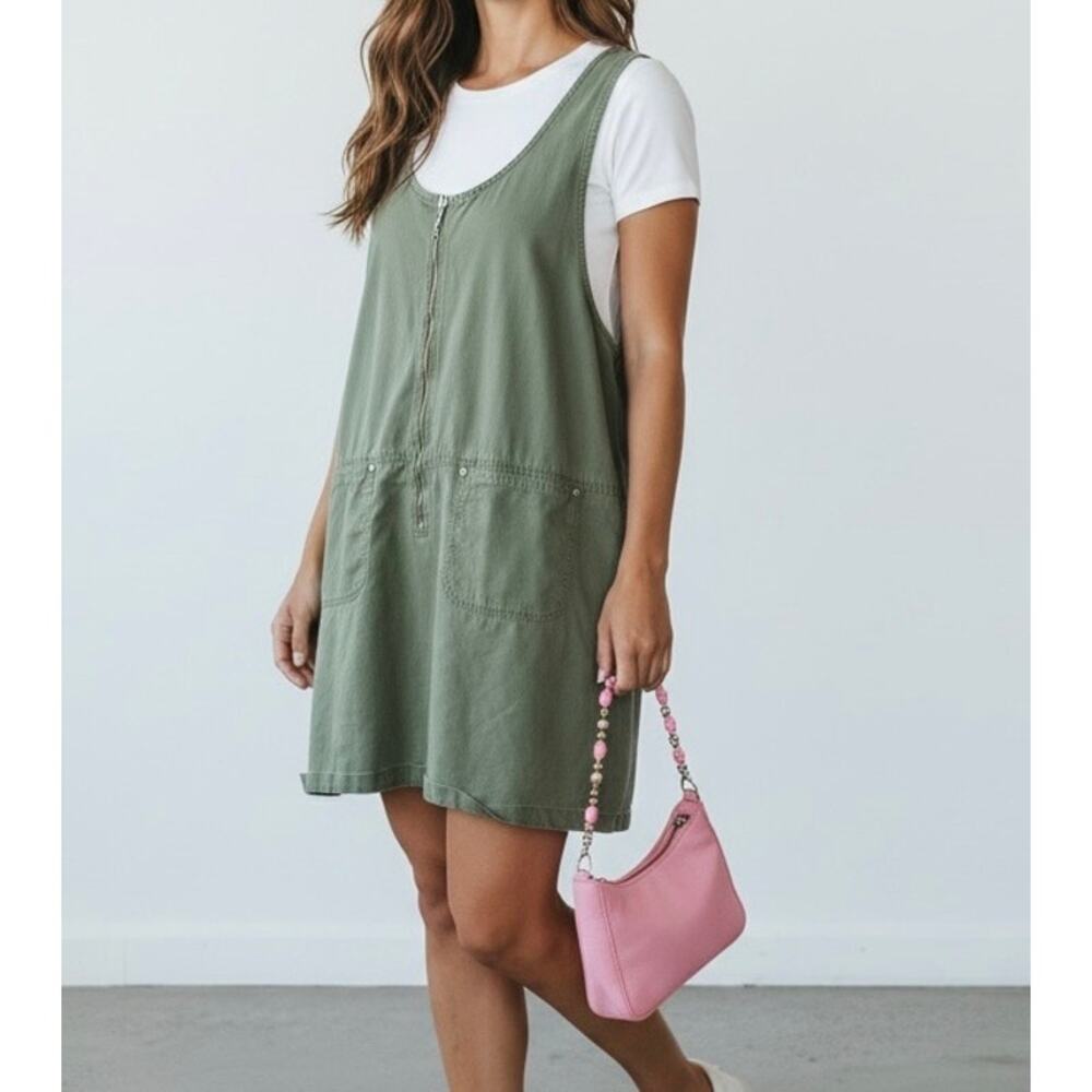 Vintage Faded Glory Olive Green Utility Zip Dress 100% Cotton Size L